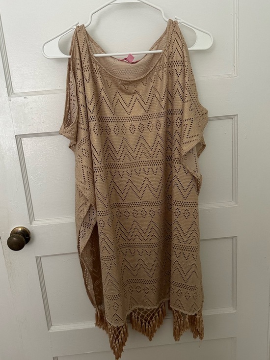 Lilly Pulitzer Jerrica Gold Foil Crochet Fringe Tunic (Kaftan) Great Condition! - Picture 2 of 10
